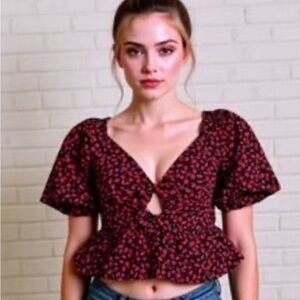 Band of the Free Strawberry Print Bow Crop Top Puff Sleeve Coquette Size L